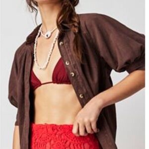 We the Free Ellie Solid Brown Button-Up Women's Top